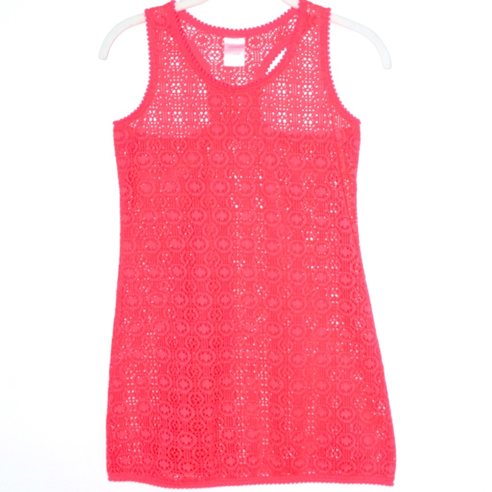Xhilaration Neon Coral Pink Crochet Tank Cover Up Dress - Large (10/12)